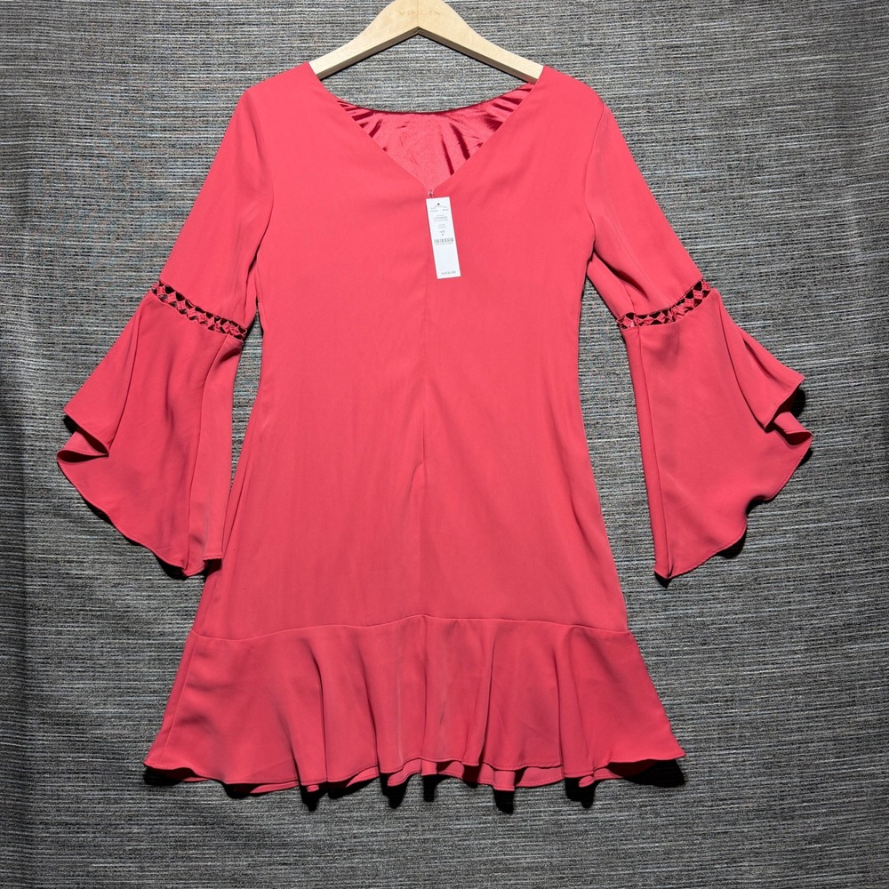 White House Black Market Dress Women 0 Red Drama Slv Shift Bell Sleeve Ruffle